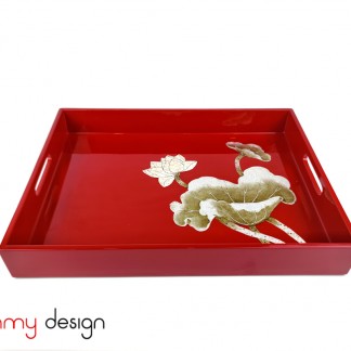 Red rectangular lacquer tray with hand-painted lotus 28*38*H4cm